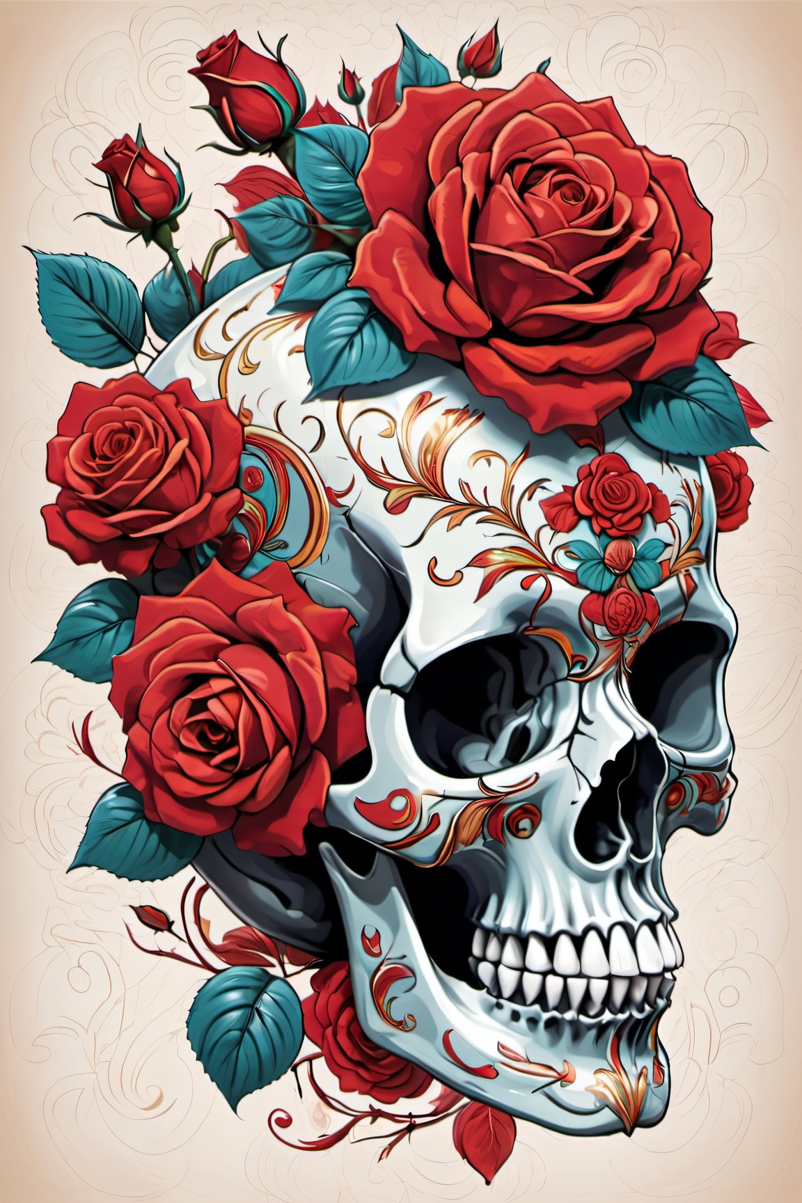 digital drawing of skull with red roses, maximalist detailing, colorful, vibrant