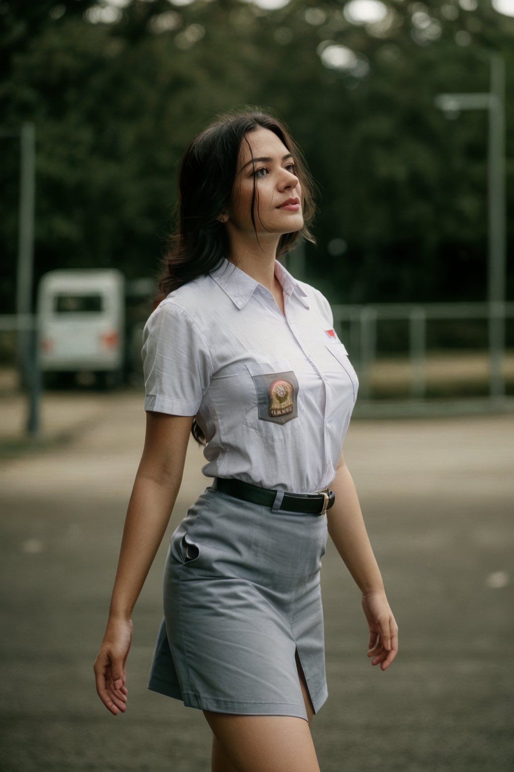 cinematic photo cinematic film still sm4c3w3k, white fabric, grey fabric,full body  photo of the most beautiful woman in the world wearing the sm4c3w3k, collared shirt, short sleeves, skirt, pocket,  . shallow depth of field, vignette, highly detailed, high budget Hollywood movie, bokeh, cinemascope, moody, epic, gorgeous, film grain, grainy . 35mm photograph, film, bokeh, professional, 4k, highly detailed