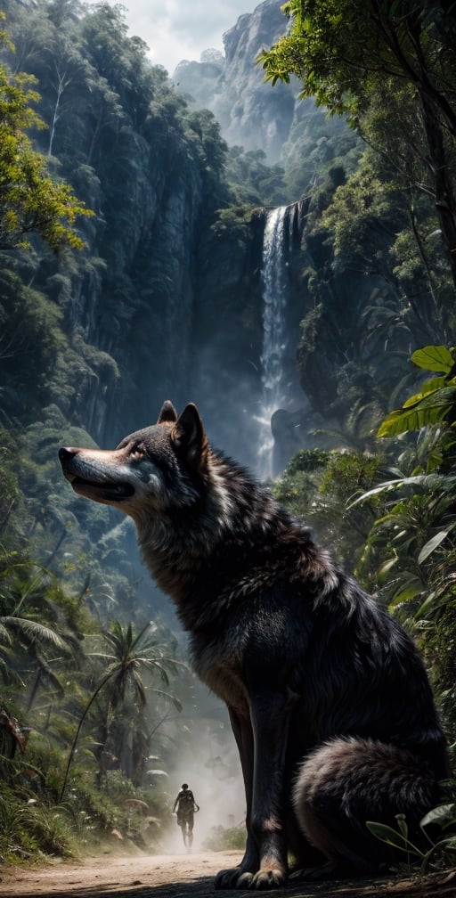 Asian man hunting jungle wolf, man vs black wolf The background of the image is a mix of modern and traditional elements, reflecting the world's unique blend of ancient and contemporary settings. His atmosphere must capture his essence, balancing his calm and cool demeanor with his realistic strength and wisdom", super realistic photography masterpiece 4K HDR quality image, holding spear, bare chested