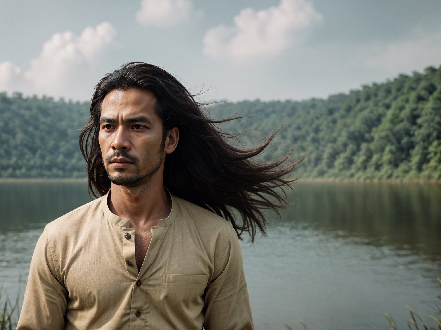 best quality, very detailed, Create an image that beautifully depicts a man in traditional Javanese clothing, very detailed face, hair blowing in the wind, lake, cinematic, forest, film story, hyperrealistic, 8k, UltraHD, 4d cinema, --ar 3 :2