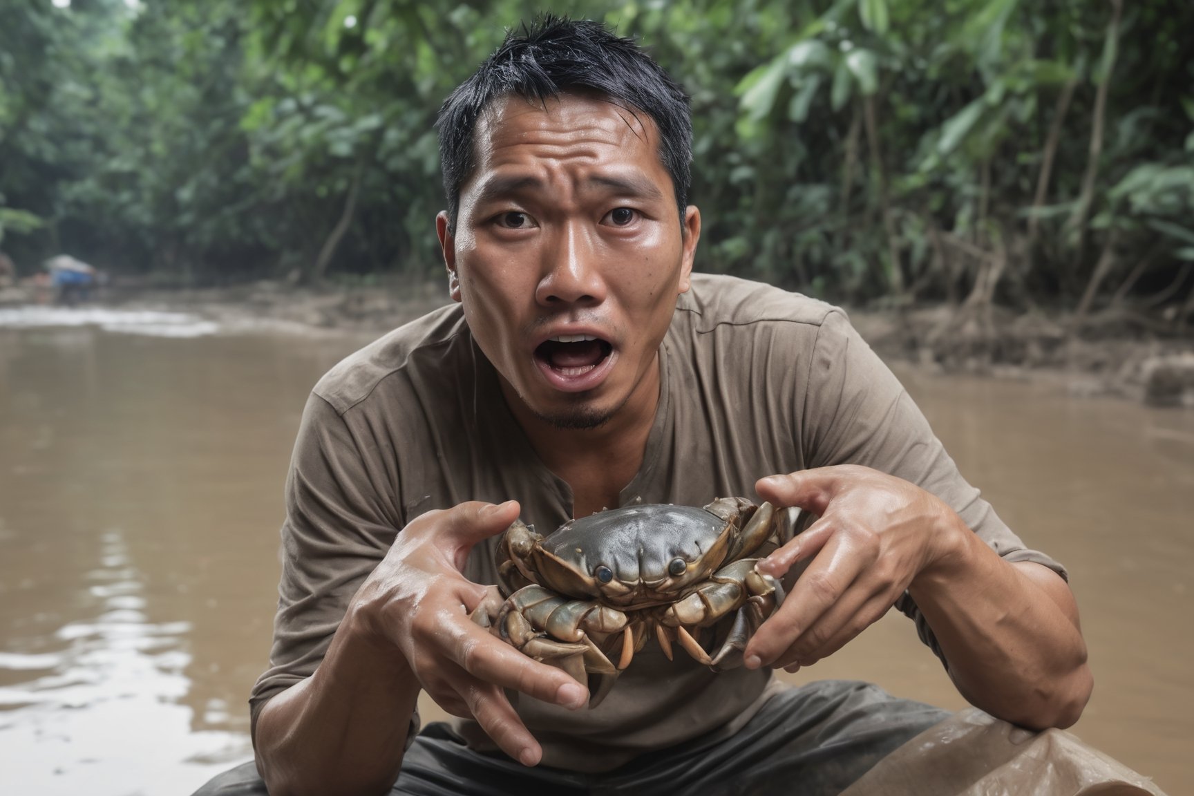 real person, a 35 year old asian indonesian man, he is a fisherman, the scene of his nose being pinched by a jumbo sized crab, the man's expression is his moutb agape and crying, background is a muddy river with river trees