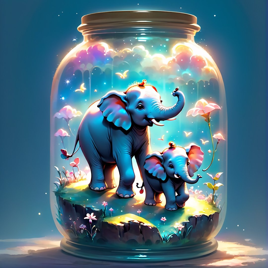 Ethereal Fantasy Concept Art: A magnificent, celestial, and painterly representation of a dreamy and magical fantasy world of cute humanoid elephants ,in a jar,photo r3al