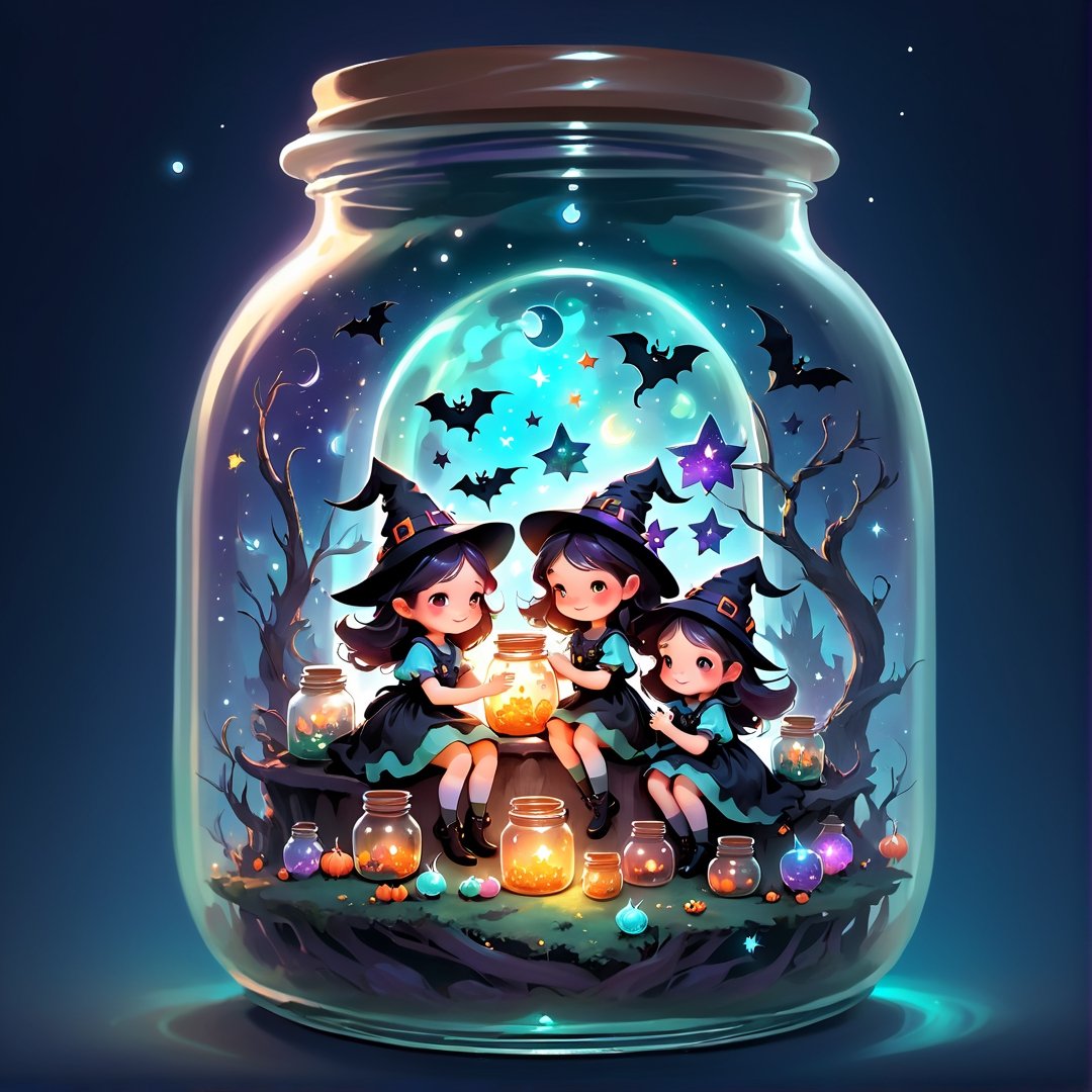 Ethereal Fantasy Concept Art: A magnificent, celestial, and painterly representation of a dreamy and magical fantasy world of cute little witches, ,in a jar