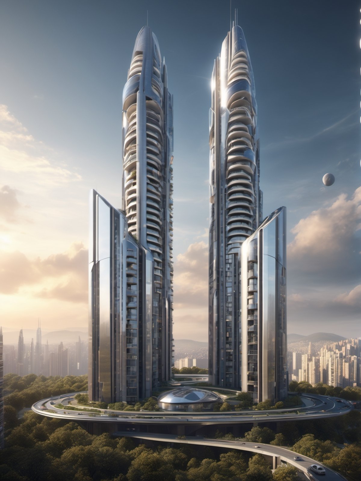 Create a photorealistic Omega-shaped futuristic apartment tower