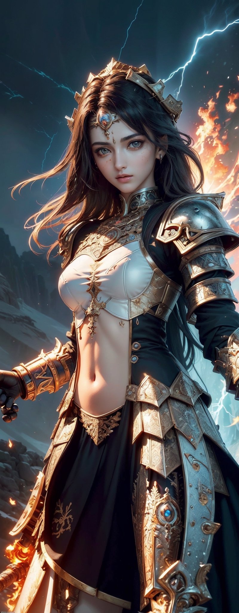 (masterpiece, top quality, best quality, official art, beautiful and aesthetic:1.2), (1girl), (warrior girl with armor and a sword), extreme detailed,(abstract, fractal art:1.3), colorful hair, highest detailed, detailed_eyes, fire, water, ice, lightning, light_particles, ghost,Indian