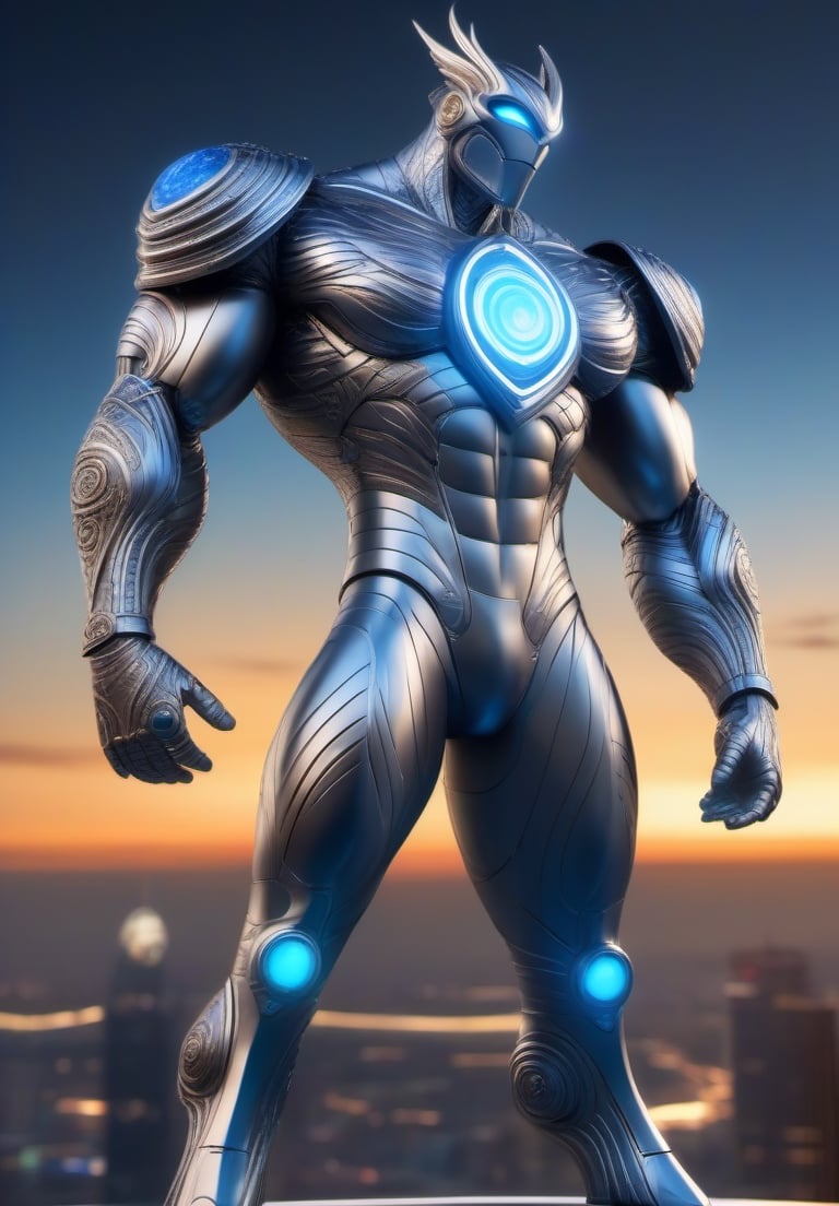 a mysterious strong tall man made of Steel Heart Silverhawks standing on the roof corner, insane detail, luxury, intricate carving, intricate lines, Zbrush, 3D, 8K (best quality:1.33), skyscrapers in the background, starry night sky, cinematic lighting, blue orb in the background, SteelHeartQuiron character, a light streak and an open portal in the background, steampunk style