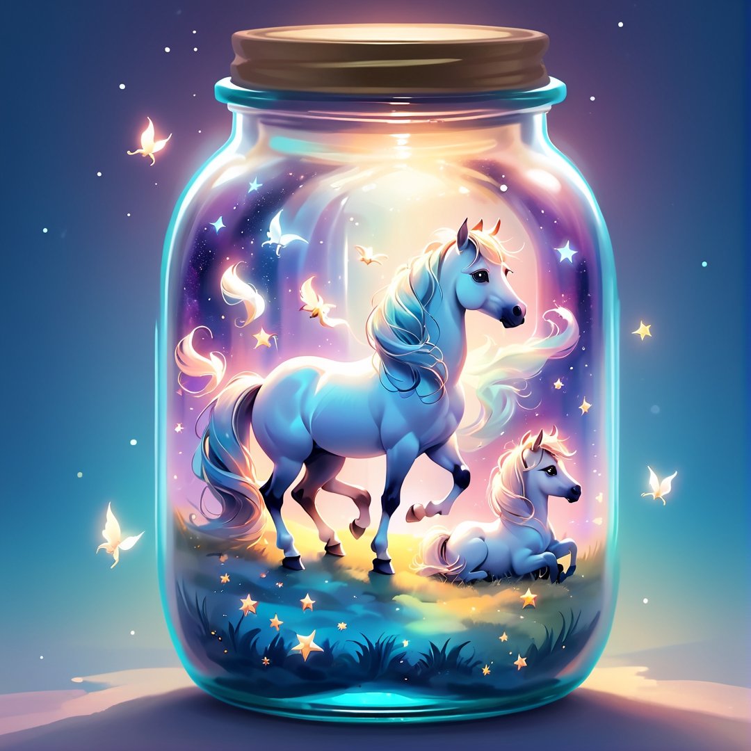 Ethereal Fantasy Concept Art: A magnificent, celestial, and painterly representation of a dreamy and magical fantasy world of cute little horses, in a jar, photo r3al