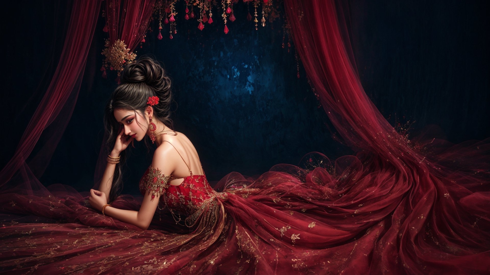 masterpiece, 4K, best quality, Ananya Panday, beautiful goddess wearing organza couture dress embroidered with multicolored lace and precious stones, crystal jewelry, elegant room with velvet curtains landscape, smiling, elegant, delicate, (top quality, best quality, official art, beautiful and aesthetic:1.2), extreme detailed, highest detailed, (watercolor painting:1.3), optical mixing, playful patterns, lively texture, unique visual effect, (light painting), dynamic streaks, extreme detailed, black paintings, red and black, candid moments captured, slumped,phcrystal