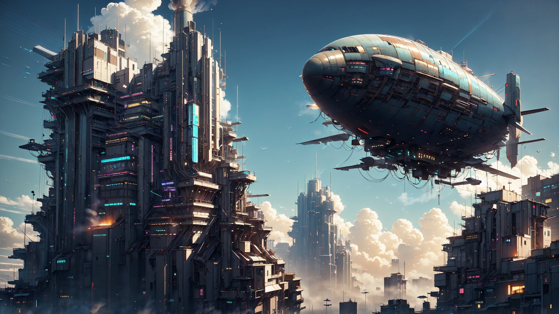 Ultra-high resolution, ultra-detailed, SteampunkStyle cute airship fly-over cityscape, white-clouds, cityscape, smoking jet, fun, cinematic lighting, cyberpunk lighting, cyberpunk color highlights, beautiful, kawaii, high_detailed, creative, scenery, 3d movie, high_res, Blue sky,(blow out steam:1.3)