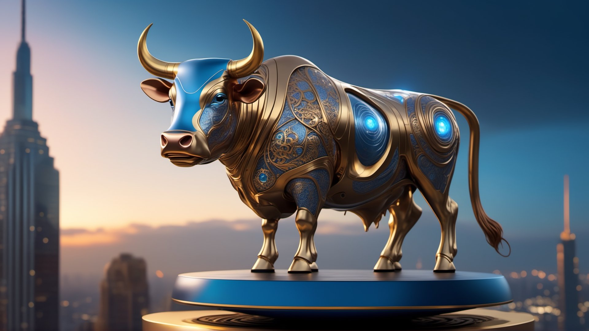 A cow and calf made for Ironman on the rooftop on a golden platform, shiny metal look, insane detail, highly detailed, luxury, intricate carving, intricate lines, Zbrush, 3D, 8K (best quality:1.33), futuristic skyscrapers in the background, full body in sharp focus, stars, night sky, cinematic lighting, blue orb-like moon in the background, SteelHeartQuiron character