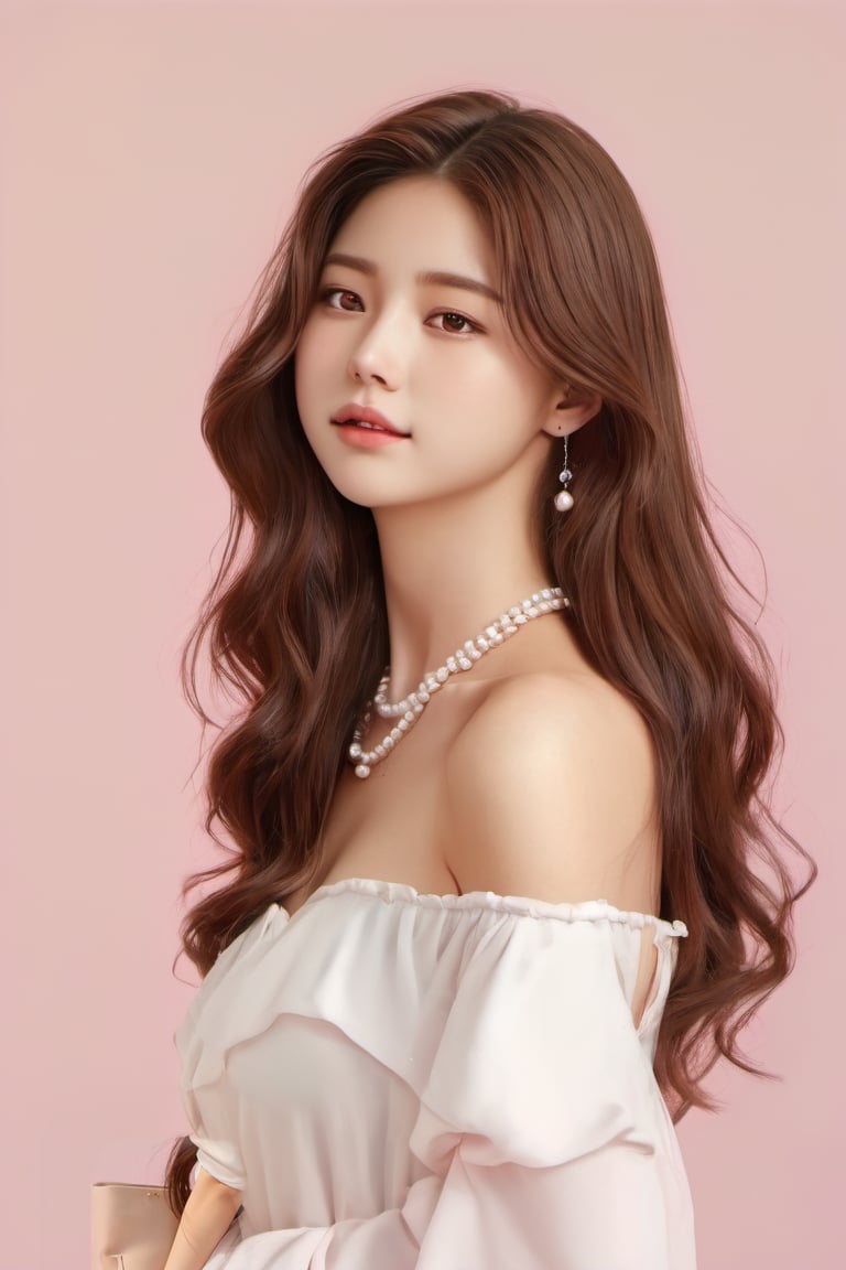 korean girl, 1girl, solo, brown hair, brown eyes, realistic, necklace, jewelry, long hair big waves, looking back, pearl necklace, white dress, looking at viewer, simple pastel pink orange background, lips 