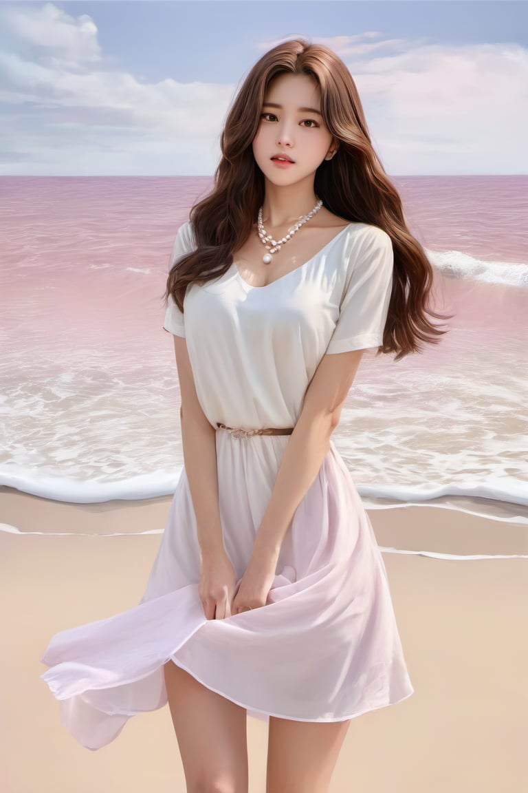 korean girl, 1girl, solo, brown hair, brown eyes, realism, necklace, jewelry, long hair big waves, back view, pearl necklace, short white dress, chest split skirt, looking at viewer , simple pastel pink beach background, lips