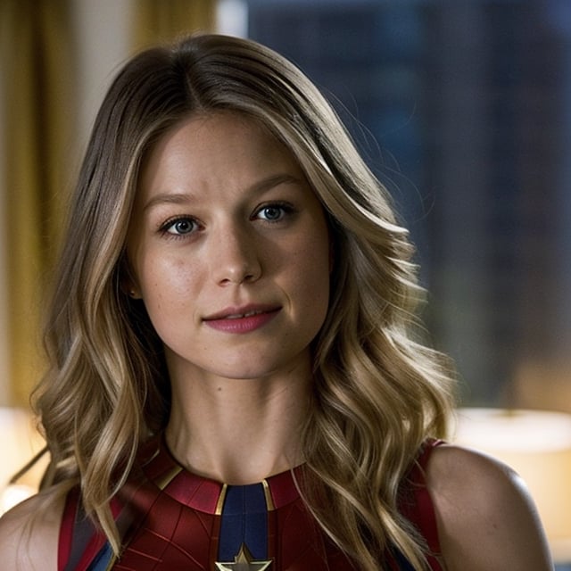 full body shot of Melissa Benoist, sks woman, captain marvel, (looking at the viewer), bright colours, blonde long hair, athletic body, hotel room background, bokeh, soft shadows, (midnight), sleeveless