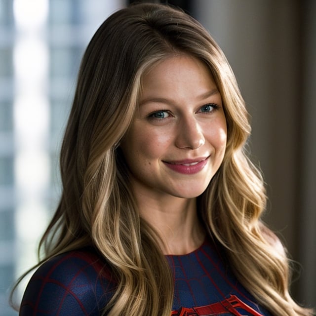cowboy shot of Melissa Benoist, sks woman, spiderman, (looking at the viewer), bright colours, blonde long hair, athletic body, hotel room background, bokeh, soft shadows, (midnight)