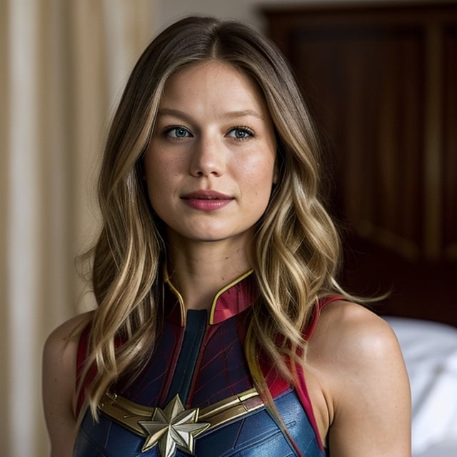 medium shot of Melissa Benoist, sks woman, captain marvel, (looking at the viewer), bright colours, blonde long hair, athletic body, hotel room background, bokeh, soft shadows, (midnight), sleeveless