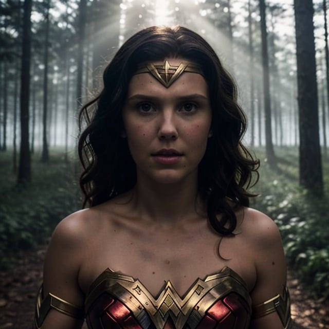 Millie Bobby Brown, wonder woman costume, (detailed face and eyes), (medium shot), best quality, masterpiece, upper body, sun light, floating light particles, centered, surrounding by fog, in the dark forest,