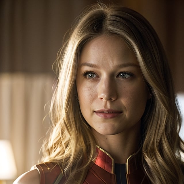 medium shot of Melissa Benoist, sks woman, captain marvel, (looking at the viewer), bright colours, blonde long hair, athletic body, hotel room background, bokeh, soft shadows, (golden hour), sleeveless