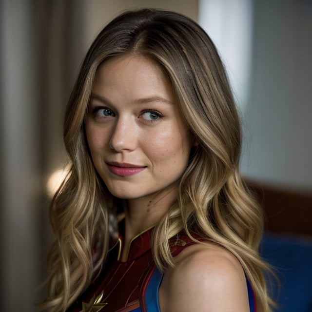 medium shot of Melissa Benoist, sks woman, captain marvel, (looking at the viewer), bright colours, blonde long hair, athletic body, hotel room background, bokeh, soft shadows, (midnight), sleeveless