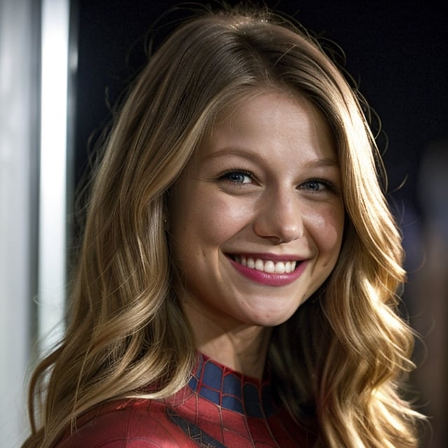 medium shot of Melissa Benoist, sks woman, spiderman, (looking at the viewer), bright colours, blonde long hair, athletic body, hotel room background, bokeh, soft shadows, (midnight)