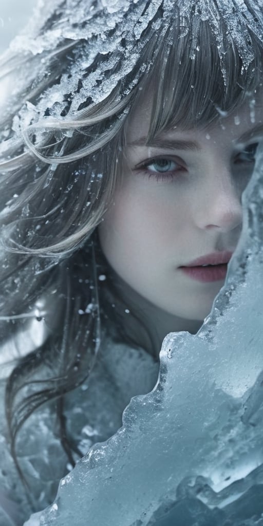 1 girl, made of ice, ice, ice background, moody, highly detailed, wavy_hair, ,ellafreya, (((medium shot)))