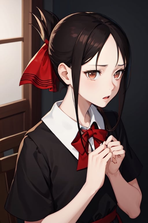 beutiful woman, shinomiya kaguya, folded ponytail, forehead, hair ribbon, brown eyes, (red ribbon), ribbon, short hair, small breast ,black dress, dress, pinafore dress, school uniform, shirt, short sleeves, shuuchiin academy school uniform, white shirt, looking at viewer, best quality, high resolution, unity 8k wallpaper, illustration, beautiful detailed eyes, extremely detailed face, perfect lighting, extremely detailed CG, perfect hands, perfect anatomy,folded ponytail, high_school_girl, mai, 1girl, face 