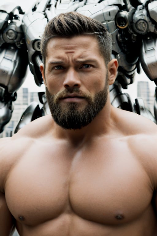 man, handsome, super extra large muscles, with beard,cyborg style,Movie Still,male,naked, ,cyborg,FilmGirl,android,mecha,big big body.