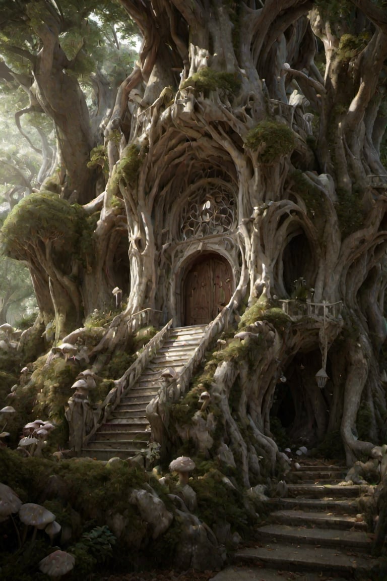 3d_render,realistic,real,elf,magical,epic,elven,3d_art,3d,kitakoumae,6000,forest, giant tree, tree with door,mushroomfantasy,marble staircase, white marble staircase, tree door staircase