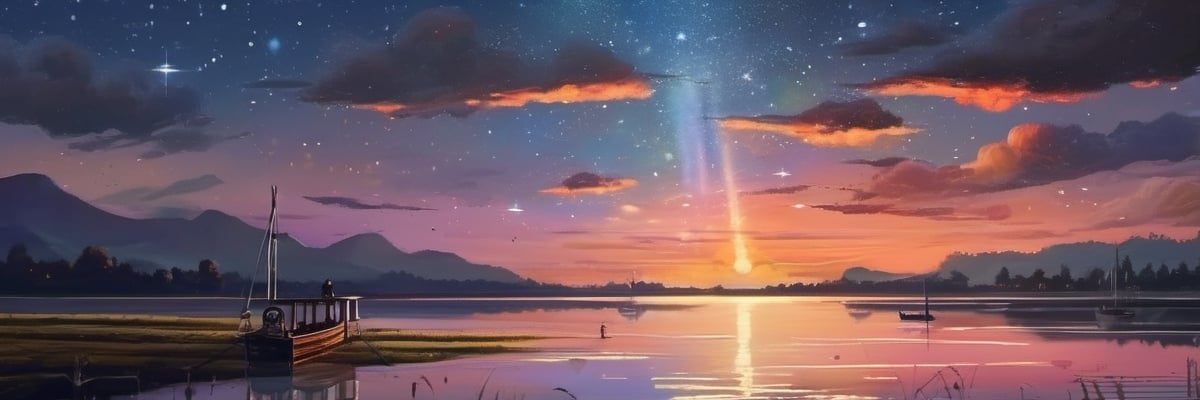 oil painting artwork, standing in front of the lake, looking at the sky, shooting stars, sunset, cloudy, cinematic color grading, cinematic light, masterpiece, ultra detail, perfect, ship,