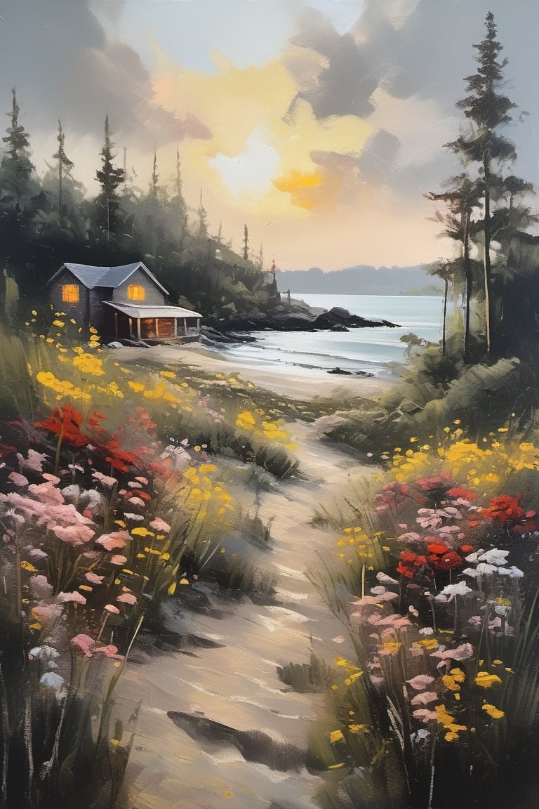 oil painting artwork, scenery, forest, beach, sunrise, cloudy, cinematic color grading, cinematic light, masterpiece, ultra detail, perfect, cabin, flowers (innocent grey)