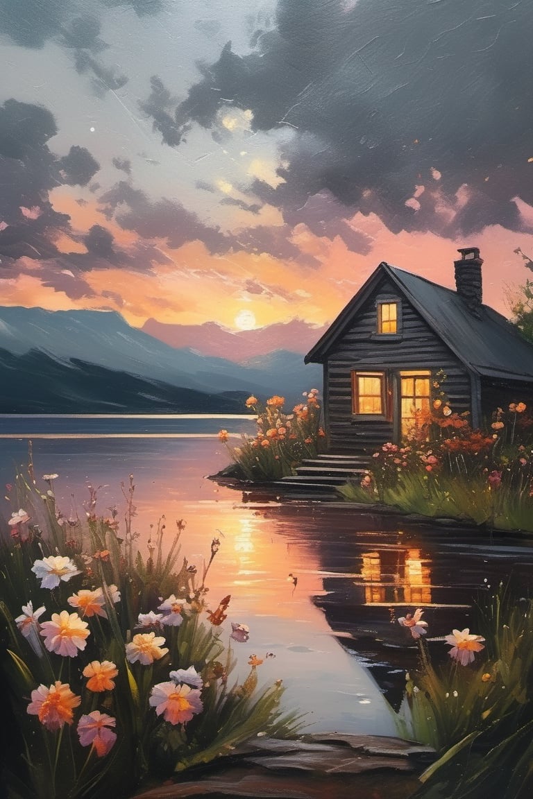 oil painting artwork, standing in front of the lake, looking at the sky, shooting stars, sunset, cloudy, cinematic color grading, cinematic light, masterpiece, ultra detail, perfect, cabin, flowers (innocent grey)