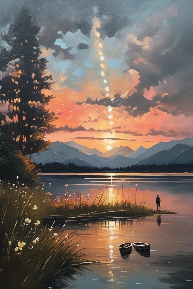 oil painting artwork, standing in front of the lake, looking at the sky, shooting stars, sunset, cloudy, cinematic color grading, cinematic light, masterpiece, ultra detail, perfect, cabin, flowers (innocent grey)