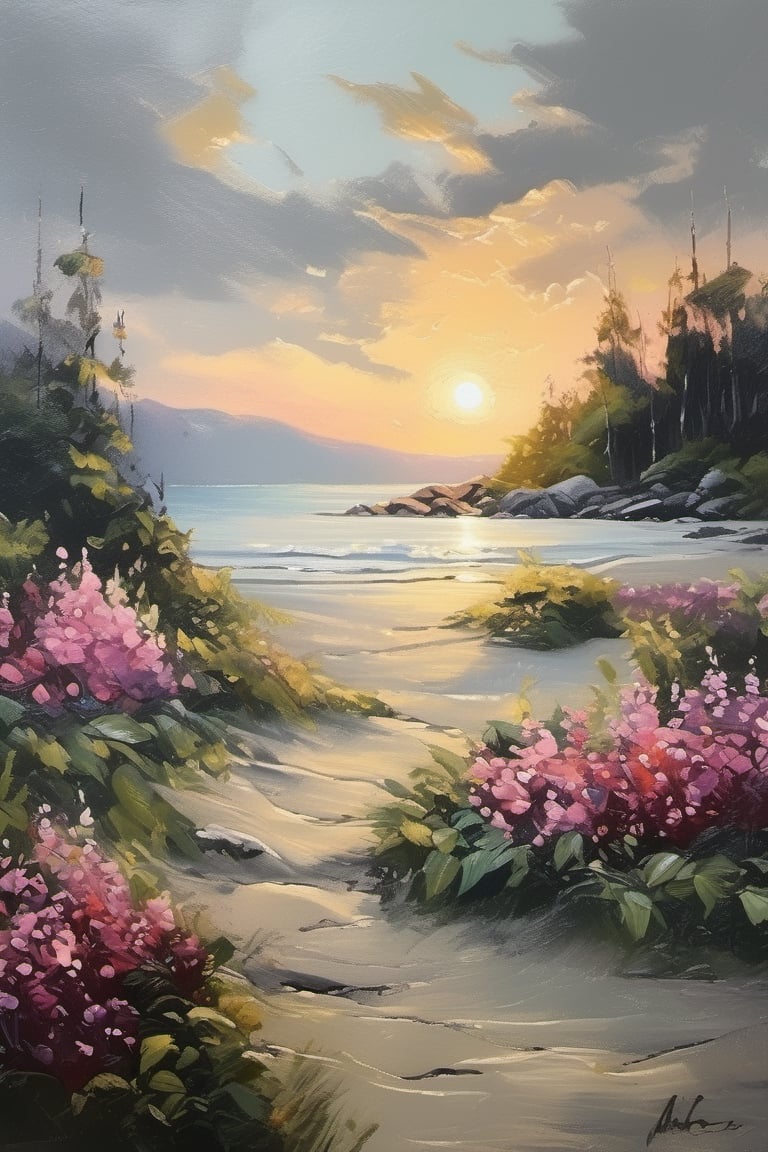 oil painting artwork, scenery, forest, beach, sunrise, cloudy, cinematic color grading, cinematic light, masterpiece, ultra detail, perfect, cabin, flowers (innocent grey)