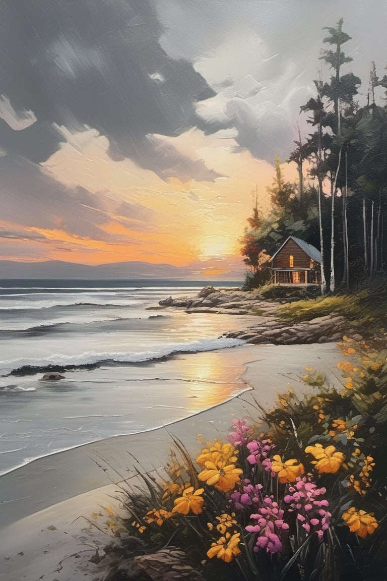 oil painting artwork, scenery, forest, beach, sunrise, cloudy, cinematic color grading, cinematic light, masterpiece, ultra detail, perfect, cabin, flowers (innocent grey)