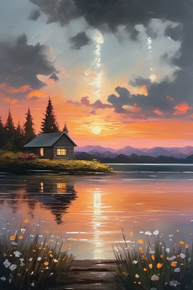 oil painting artwork, standing in front of the lake, looking at the sky, shooting stars, sunset, cloudy, cinematic color grading, cinematic light, masterpiece, ultra detail, perfect, cabin, flowers (innocent grey)