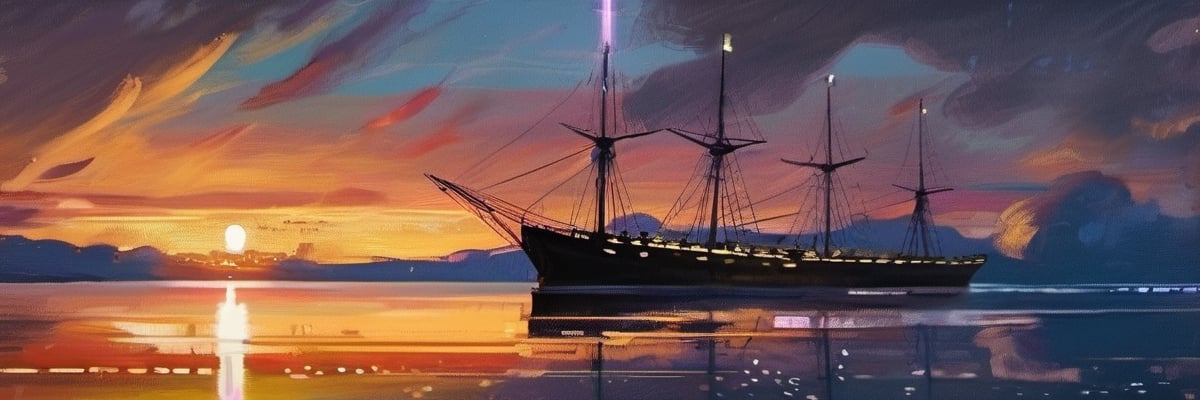 oil painting artwork, standing in front of the lake, looking at the sky, shooting stars, sunset, cloudy, cinematic color grading, cinematic light, masterpiece, ultra detail, perfect, ship,