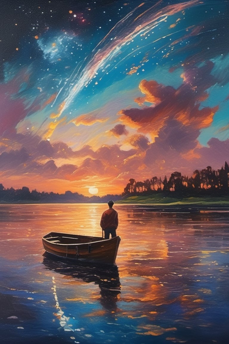 oil painting artwork, standing in front of the lake, looking at the sky, shooting stars, sunset, cloudy, cinematic color grading, cinematic light, masterpiece, ultra detail, perfect, ship,