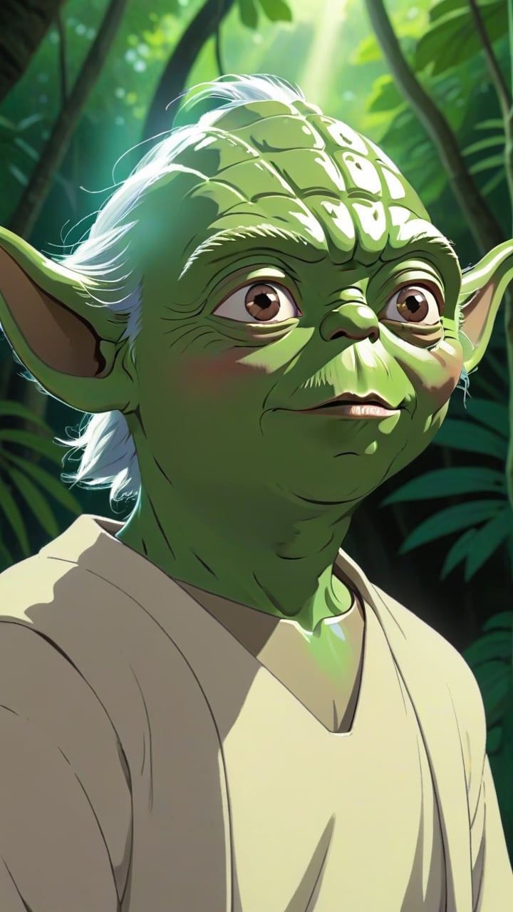 a close-up of the character yoda, masterpiece, bright light (perfect face, detailed face), 1man, a background in the jungle, Studio Ghibli style, StdGBRedmAF