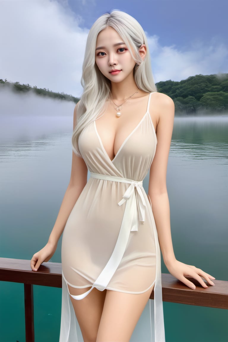 ( best quality,  realistic description,  masterpiece, )korean girl,  female solo,  (((((beautiful face))))),  (((( white hair )))),  long wave hair,  tiny_breasts, brown eyes,  ((realistic)),  super realistic eyes,  (((((beautiful eyes))))),  long and slim legs, necklace,  jewelry,  pearl necklacefull_body,  looking back,  look at camerawhite dress,  plunging v dress,  dress with a waist high slit,  ((((see-through dress)))), (background : simple,  lake surface,  (((((fog))))),  cloudy weather,  ),teengirlmix