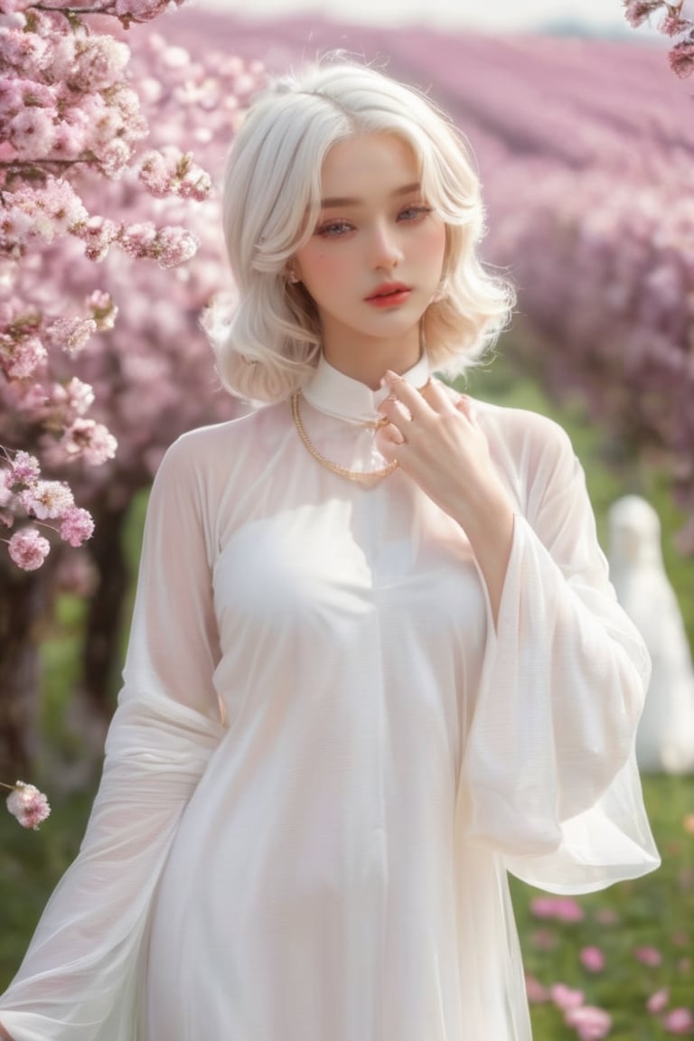 (masterpiece, best quality, niji style), (realistic, octane render, lot of details:6.3),
(full body photo :4.3), beautiful woman, korean woman, looking at the camera, (photo from head to toe:3.5),

(70s retro hairstyle:4.5),

clothing; ao dai vietnam, white ao dai, white dress, white clothings, 

long white pink pastel wavy hair, (white hair:3.5), brown eyes, beautiful eyes, closed mouth, The girl is tall and looks like a beauty queen,

hair blowing in the wind, small flower petals flying in the wind, flower petals flying in front of the girl,

(background is pink flower field of australia:1.1),

cinematic film still an awarded profesional photo of Leafwhisper, ideal body posture, perfect body proportions, hyperrealistic art, extremely high-resolution details, photographic, realism pushed to extreme, fine texture, incredibly lifelike,

different posture, up arms, ((arms up)), crazy mad aggressive face and eyes, fantasy, concept art, arms up, jump up, hands touch softly her face, (Both hands lift both tits:2.1),LinkGirl,aotac