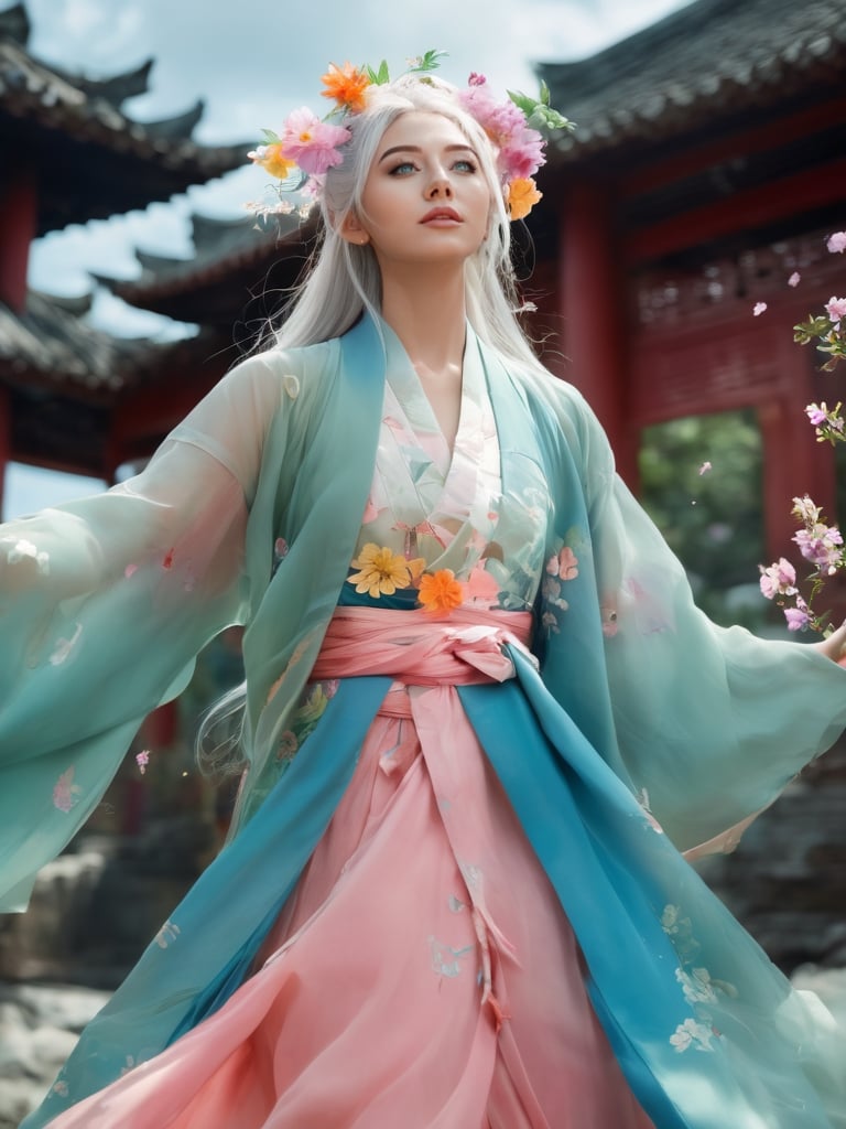 1girl, solo, hair ornament, bug, braid, jewelry, long hair, white hair, flower, vietnamese clothes, earrings, long sleeves, dress, cloud of surrounding, building from afar, white pink blue pastel ao dai, ornament, chakra, (( beautiful eyes )), full_body, flowers in the hair,
,mythical clouds,daxiushan, realistic, ,xxmixgirl,3d figure,korean girl,3d style,
cinematic film still (Raw Photo:1.3) of (Ultrarealistic:1.3) an awarded profesional photo of Leafwhisper - A gentle, forest spirit with leaves and flowers growing from its body., ideal body posture,perfect body proportions, by jeremy mann, by sandra chevrier, by maciej kuciara,(masterpiece:1.2),(ultradetailed:1.1), ultrasharp, (perfect, body:1.1),(realistic:1.3),(real shadow:1.2), photo Fujifilm XT3,,(perfect body proportions:1.1) different posture, up arms, ((arms up)), rainbow, in old used 1800 peasant clothing, crazy mad aggressive face and eyes, fantasy, concept art,NYFlowerGirl, arms up, tropical rain, jump up, hands touch softly you face, close up