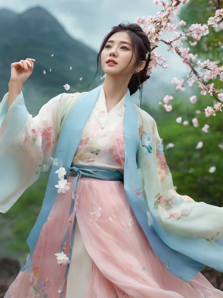 1girl, solo, hair ornament, bug, braid, jewelry, long hair, white hair, flower, korean clothes, earrings, long sleeves, dress, cloud of surrounding, building from afar, white pink blue pastel hanbok, ornament, chakra, (( beautiful eyes )), full_body, small flowers in the hair, (((korean face female))),
,mythical clouds,daxiushan, realistic, ,xxmixgirl,3d figure,korean girl,3d style,
cinematic film still (Raw Photo:1.3) of (Ultrarealistic:1.3) an awarded profesional photo of Leafwhisper - A gentle, forest spirit with leaves and flowers growing from its body., ideal body posture,perfect body proportions, by jeremy mann, by sandra chevrier, by maciej kuciara,(masterpiece:1.2),(ultradetailed:1.1), ultrasharp, (perfect, body:1.1),(realistic:1.3),(real shadow:1.2), photo Fujifilm XT3,,(perfect body proportions:1.1) different posture, up arms, ((arms up)), rainbow, in old used 1800 peasant clothing, crazy mad aggressive face and eyes, fantasy, concept art,NYFlowerGirl, arms up, tropical rain, jump up, hands touch softly you face, close up