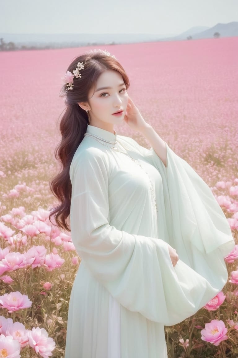 (masterpiece, best quality, niji style), (realistic, octane render, lot of details:6.3),
(full body photo :4.3), beautiful woman, korean woman, looking at the camera, (photo from head to toe:3.5),

(70s retro hairstyle:4.5),

clothing; ao dai vietnam, white ao dai, white dress, (white clothings:3.5), 

(long white pink pastel wavy hair2.4), (white wavy hair:3.5), brown eyes, beautiful eyes, closed mouth, The girl is tall and looks like a beauty queen,

hair blowing in the wind, small flower petals flying in the wind, flower petals flying in front of the girl,

(background is pink flower field of australia:1.1),

cinematic film still an awarded profesional photo of Leafwhisper, ideal body posture, perfect body proportions, hyperrealistic art, extremely high-resolution details, photographic, realism pushed to extreme, fine texture, incredibly lifelike,

different posture, up arms, ((arms up)), crazy mad aggressive face and eyes, fantasy, concept art, arms up, jump up, hands touch softly her face, (Both hands lift both tits:2.1),LinkGirl,aotac,aesthetic portrait,chibi,Anime ,huayu,Beautiful girl 