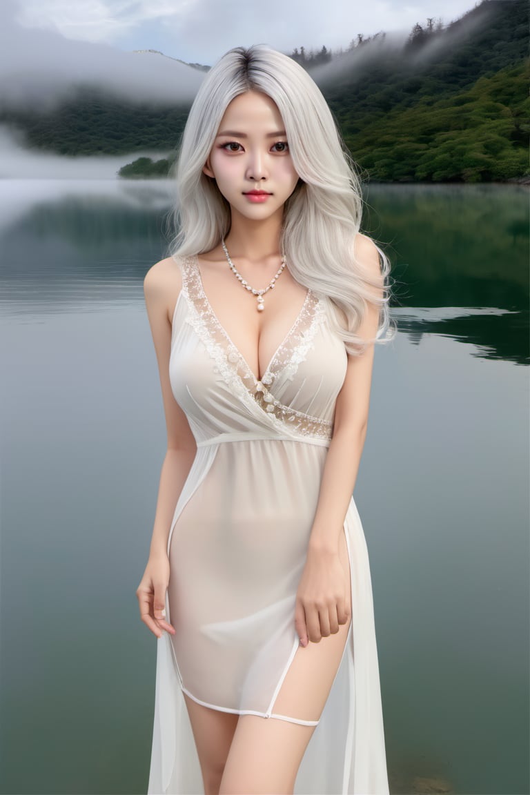 ( best quality,  realistic description,  masterpiece, )korean girl,  female solo,  (((((beautiful face))))),  (((( white hair )))),  long wave hair,  tiny_breasts, brown eyes,  ((realistic)),  super realistic eyes,  (((((beautiful eyes))))),  long and slim legs, necklace,  jewelry,  pearl necklacefull_body,  looking back,  look at camerawhite dress,  plunging v dress,  dress with a waist high slit,  ((((see-through dress)))), (background : simple,  lake surface,  (((((fog))))),  cloudy weather,  ),