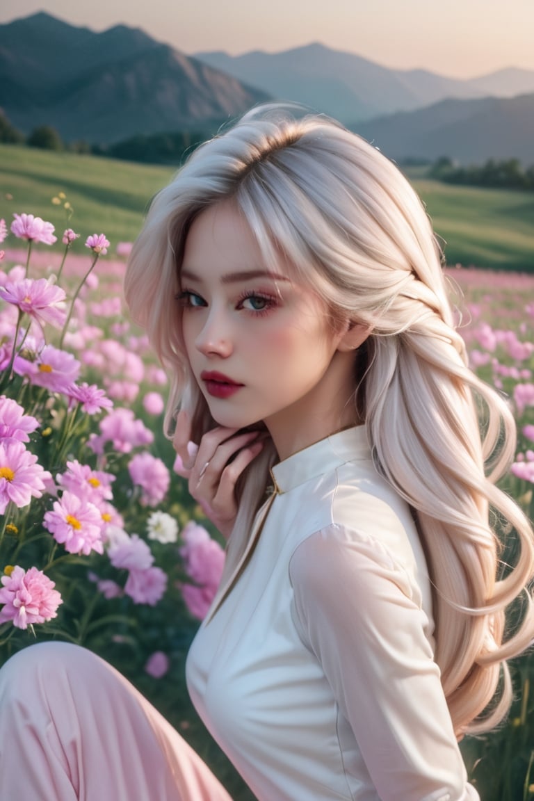 (masterpiece, best quality, niji style, cinematic film), (realistic, octane render, lot of details:3.1), fantasy, (concept art:1.1),

soft light, headshot photo, dslr,

(a beautiful girl wearing an Ao Dai:2.5), she has light pink white hair, she has beautiful brown eyes, she has her hair in a high bun and her hair is blowing in the wind, (her right hand is holding her chest:1.1), (her left hand is her left hand touches her hair:7.4), she looks at the camera, she is korean, her skin is pure white, she has a nice body, her waist is small, (she sat in the middle of a field of flowers:6.7), 

(daisy field background:3.1), (pink flower hillside background:3.1), (fog:3.1),xxmix_girl