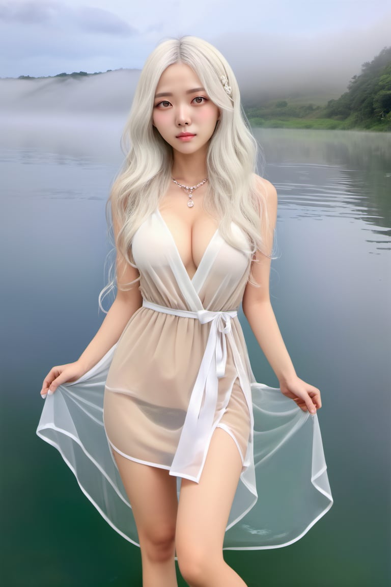 ( best quality,  realistic description,  masterpiece, )korean girl,  female solo,  (((((beautiful face))))),  (((( white hair )))),  long wave hair,  tiny_breasts, brown eyes,  ((realistic)),  super realistic eyes,  (((((beautiful eyes))))),  long and slim legs, necklace,  jewelry,  pearl necklacefull_body,  looking back,  look at camerawhite dress,  plunging v dress,  dress with a waist high slit,  ((((see-through dress)))), (background : simple,  lake surface,  (((((fog))))),  cloudy weather,  ),teengirlmix