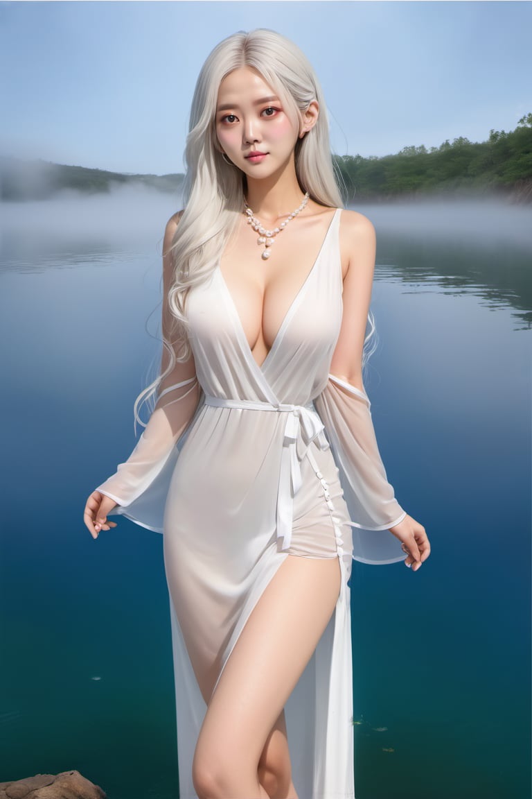 ( best quality,  realistic description,  masterpiece, niji style), 
korean girl, female solo,(((a mysterious girl))),  (((((beautiful face))))), (((( white hair )))), long wave hair, small tits, brown eyes, ((realistic)),  super realistic eyes, eyes closed, closed_mouth (((((beautiful eyes))))), long and slim legs, necklace, jewelry, pearl necklace, full_body, looking back, look at camera, white dress wedding, plunging v dress, dress with a waist high slit, ((see-through dress)), (background : simple,  lake surface, (((((fog))))), cloudy weather)