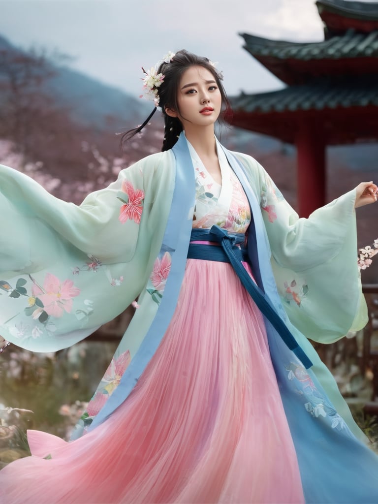 1girl, solo, hair ornament, bug, braid, jewelry, long hair, white hair, flower, korean clothes, earrings, long sleeves, dress, cloud of surrounding, building from afar, white pink blue pastel hanbok, ornament, chakra, (( beautiful eyes )), full_body, small flowers in the hair, (((korean face female))),
,mythical clouds,daxiushan, realistic, ,xxmixgirl,3d figure,korean girl,3d style,
cinematic film still (Raw Photo:1.3) of (Ultrarealistic:1.3) an awarded profesional photo of Leafwhisper - A gentle, forest spirit with leaves and flowers growing from its body., ideal body posture,perfect body proportions, by jeremy mann, by sandra chevrier, by maciej kuciara,(masterpiece:1.2),(ultradetailed:1.1), ultrasharp, (perfect, body:1.1),(realistic:1.3),(real shadow:1.2), photo Fujifilm XT3,,(perfect body proportions:1.1) different posture, up arms, ((arms up)), rainbow, in old used 1800 peasant clothing, crazy mad aggressive face and eyes, fantasy, concept art,NYFlowerGirl, arms up, tropical rain, jump up, hands touch softly you face, close up