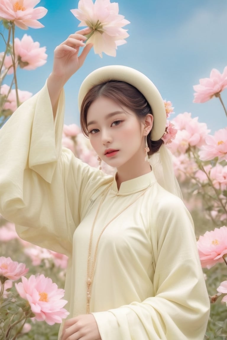 (masterpiece, best quality, niji style), (realistic, octane render, lot of details:6.3),
(full body photo :4.3), beautiful woman, korean woman, looking at the camera, (photo from head to toe:3.5),

(70s retro hairstyle:4.5),

clothing; ao dai vietnam, white ao dai, white dress, (white clothings:3.5), 

(long white pink pastel wavy hair2.4), (white wavy hair:3.5), brown eyes, beautiful eyes, closed mouth, The girl is tall and looks like a beauty queen,

hair blowing in the wind, small flower petals flying in the wind, flower petals flying in front of the girl,

(background is pink flower field of australia:1.1),

cinematic film still an awarded profesional photo of Leafwhisper, ideal body posture, perfect body proportions, hyperrealistic art, extremely high-resolution details, photographic, realism pushed to extreme, fine texture, incredibly lifelike,

different posture, up arms, ((arms up)), crazy mad aggressive face and eyes, fantasy, concept art, arms up, jump up, hands touch softly her face, (Both hands lift both tits:2.1),LinkGirl,aotac,aesthetic portrait,chibi,Anime ,huayu,Beautiful girl 