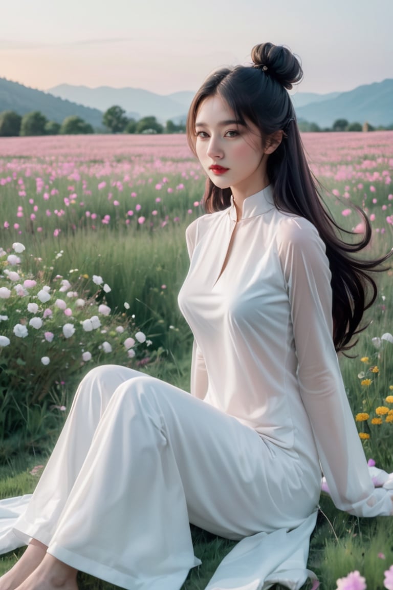 (masterpiece, best quality, niji style, cinematic film), (realistic, octane render, lot of details:3.1), fantasy, (concept art:1.1),

soft light, headshot photo, dslr,

(a beautiful girl wearing an Ao Dai:2.5), she has light pink white hair, she has beautiful brown eyes, she has her hair in a high bun and her hair is blowing in the wind, (her right hand is holding her chest:1.1), (her left hand is her left hand touches her hair:5.5), she looks at the camera, she is korean, her skin is pure white, she has a nice body, her waist is small, (she sat in the middle of a field of flowers:6.7), 

(daisy field background:3.1), (pink flower hillside background:3.1), (fog:3.1),xxmix_girl