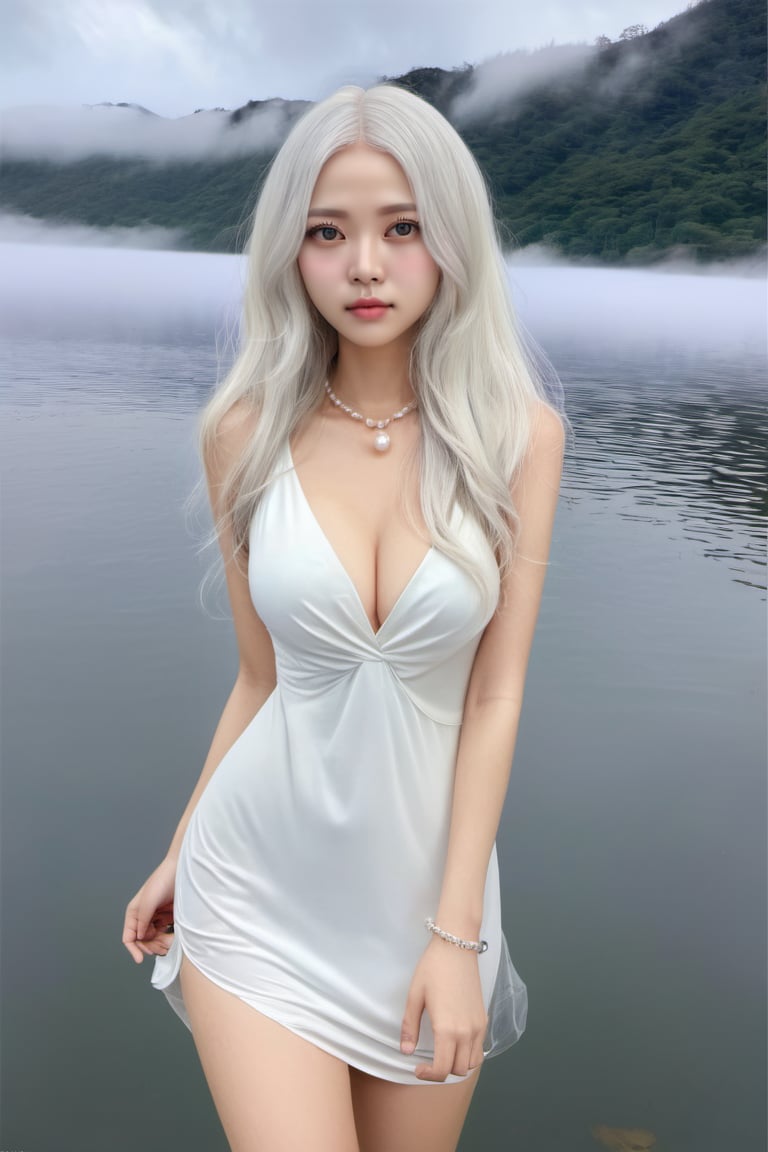 ( best quality,  realistic description,  masterpiece, )korean girl,  female solo,  (((((beautiful face))))),  (((( white hair )))),  long wave hair,  tiny_breasts, brown eyes,  ((realistic)),  super realistic eyes,  (((((beautiful eyes))))),  long and slim legs, necklace,  jewelry,  pearl necklacefull_body,  looking back,  look at camerawhite dress,  plunging v dress,  dress with a waist high slit,  ((((see-through dress)))), (background : simple,  lake surface,  (((((fog))))),  cloudy weather,  ),teengirlmix